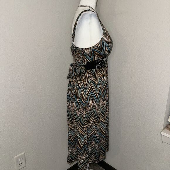 Y2K Studio West Midi Dress Women's Large Boho Chevron Print Studded Belt V-Neck - Picture 2 of 9